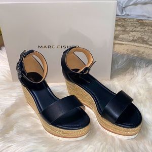 Marc Fisher Brand New Black Leather Wedges 8 Wide